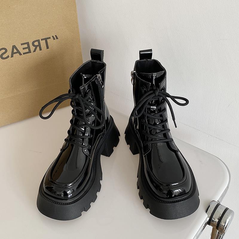 

Year side zipper locomotive boots platform British style new autumn lace-up short boots winter black Martin boots women s fashion 35