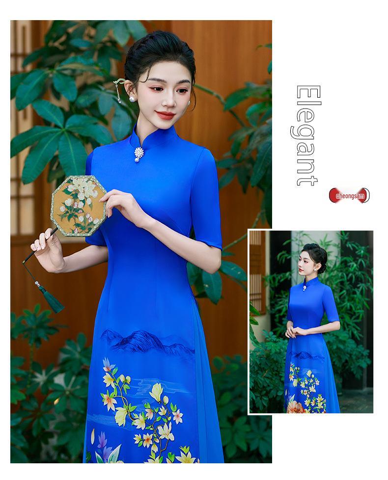 2025 Summer Blue Ao Dai-Inspired High-End Cheongsam Dress for Runway and Evening Wear