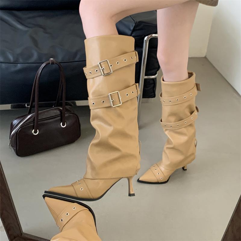 Rich and noble with pointed boots, Spice Girl style design, belt buckle, high-heeled boots, thin and versatile high trouser boots