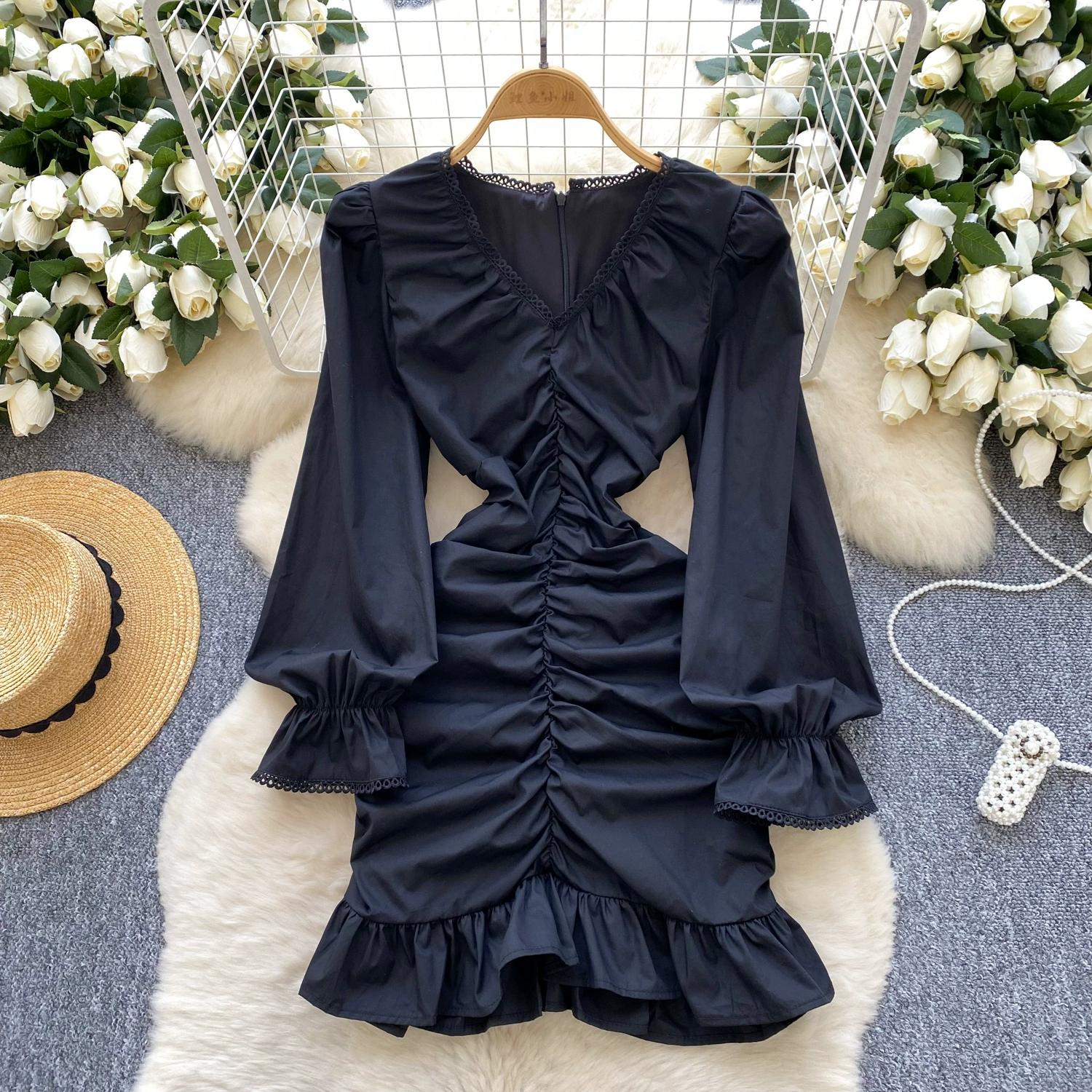 

Весна Лето Женские V-образный вырез Твердые Французский Стиль Элегантные Мини Короткие Складки Платья M чёрный