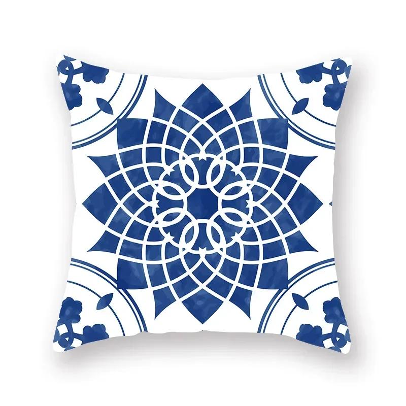 Blue Mandala Persian Cushion Cover Polyester Geometric Pattern Pillowcase Decoration Sofa Bedroom Car Office Decoration Ornament