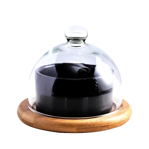 Japanese Tableware Black Ceramic Dessert Bowl Fruit Platter Creative Glass Cover Household Snack Plate Dried Fruit Cake Plate