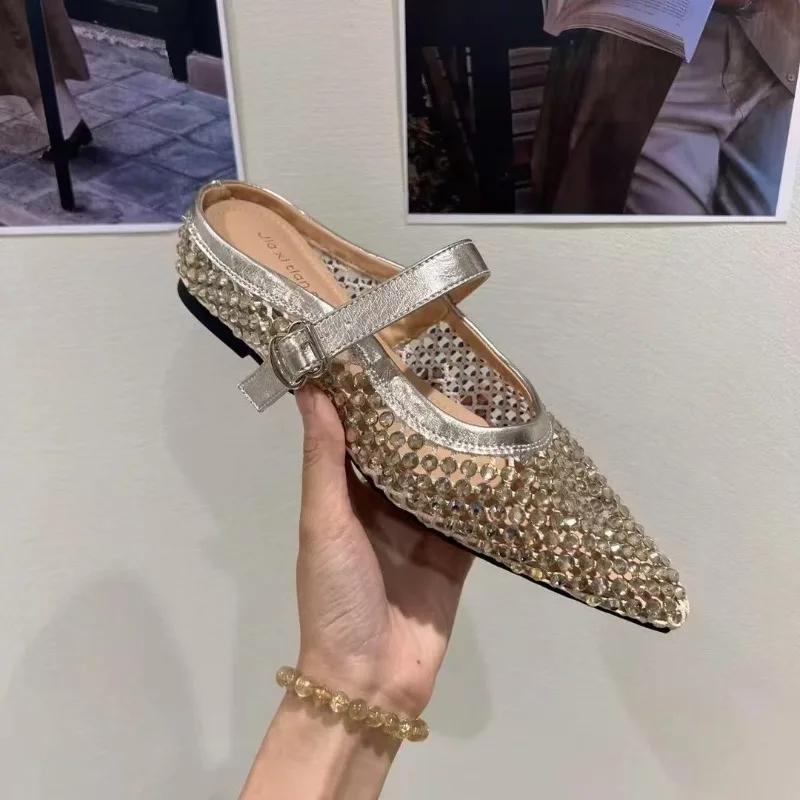 Fashion 2025 New Mesh Women's Closed Toe Slippers Fashion Crystal Pointed Toe Breathable Low Heel Sandals Summer Daily Dress Slippers