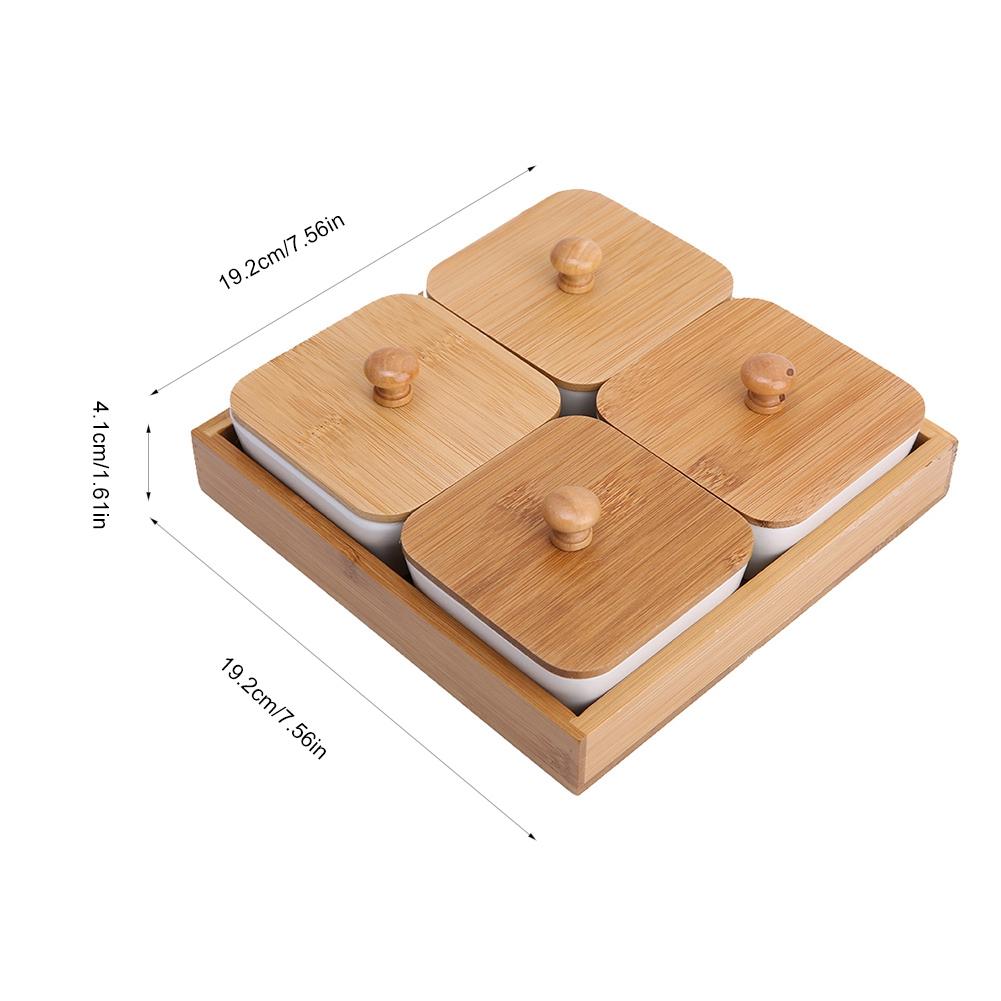 Ceramic Appetizer Serving Plate with Bamboo Tray Cover for Fruits Nuts Desserts (4-Compartment)