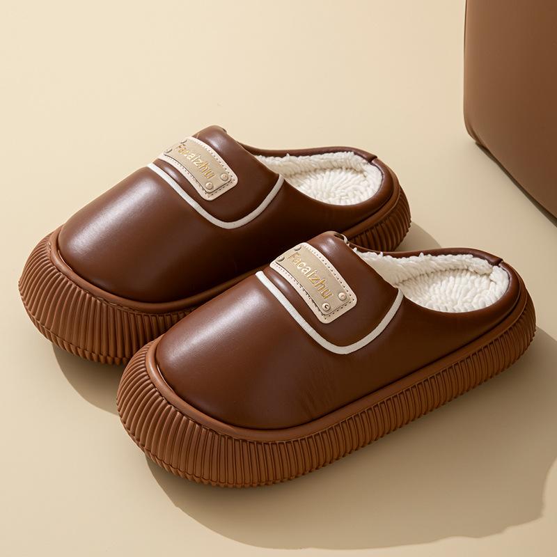 Cotton Slippers Home Autumn and Winter Imitation PU Leather Outer Wear Thick-soled Cotton Shoes Warm Velvet Cotton Mop Non-slip Waterproof Shoes