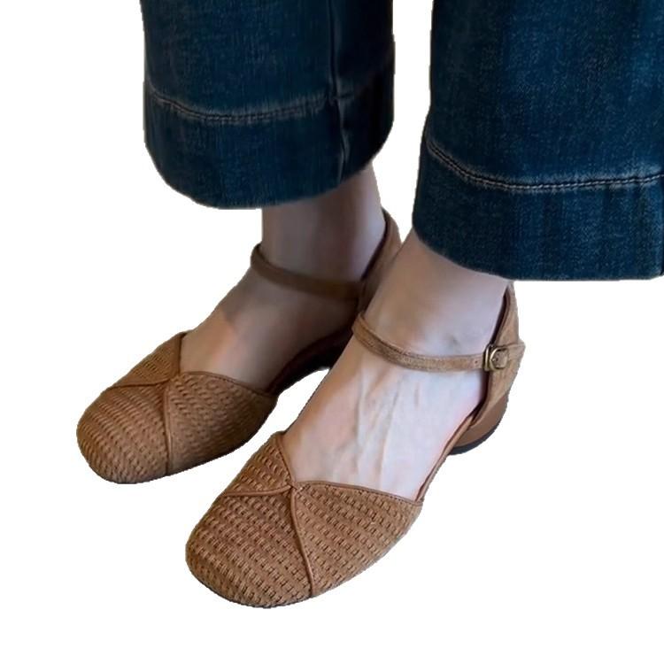 Sheepskin Version~ Retro Cute Bag Head Shoes Women's Summer Low Heel Leather Round Head Bohemian Style Word with Sandals