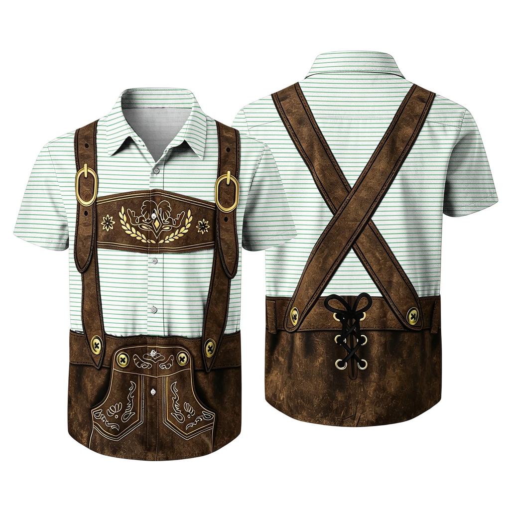 Men's Short Sleeve Button Up Shirt Festival Retro Beer Elements Print Casual Loose Fit Party Daily Wear Shirt