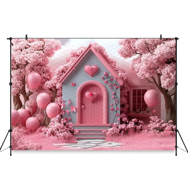 Mocsicka Valentine's Day Photo Backdrop Pink House Tree Balloons Flowers Wallpaper Decorations Wedding Backgrounds Studio Banner