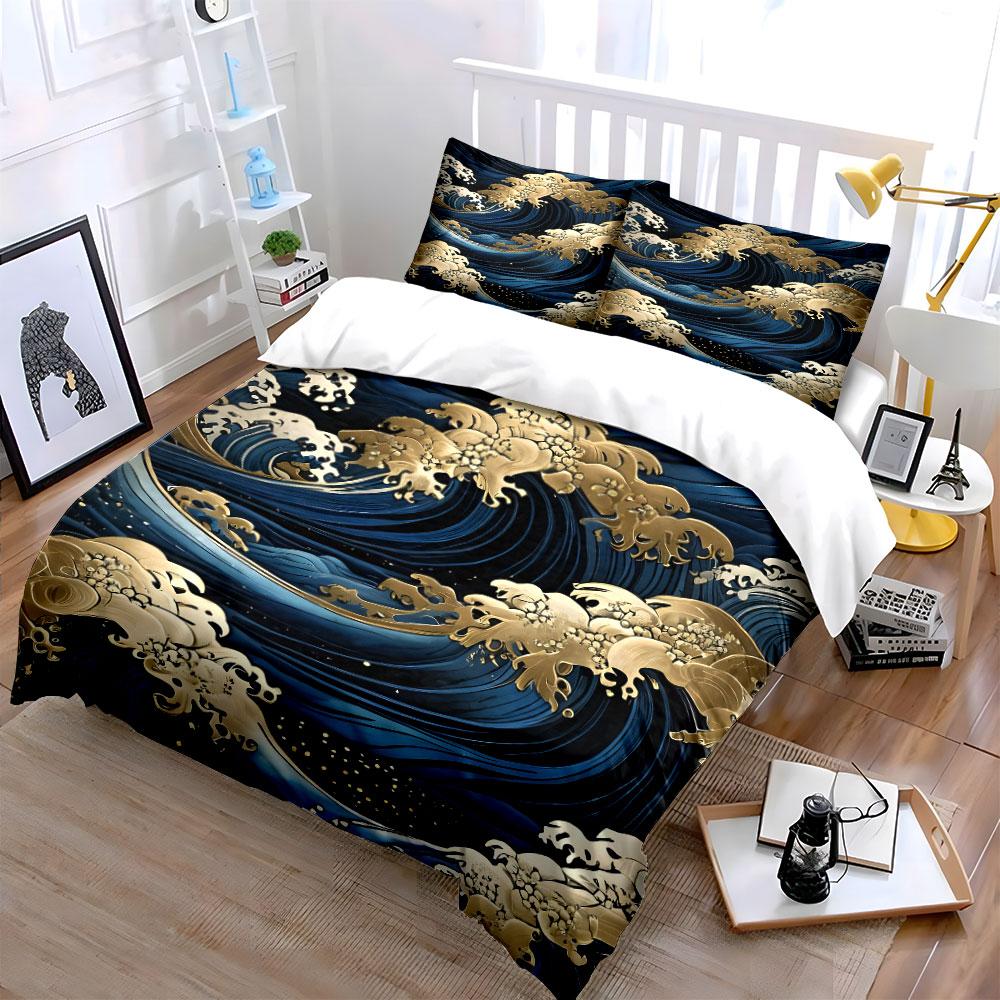 Golden Wave Pattern Decor Set Soft Comfortable Duvet Cover Bedding Set Included 1*Duvet Cover & 2*Pillowcases, Gift