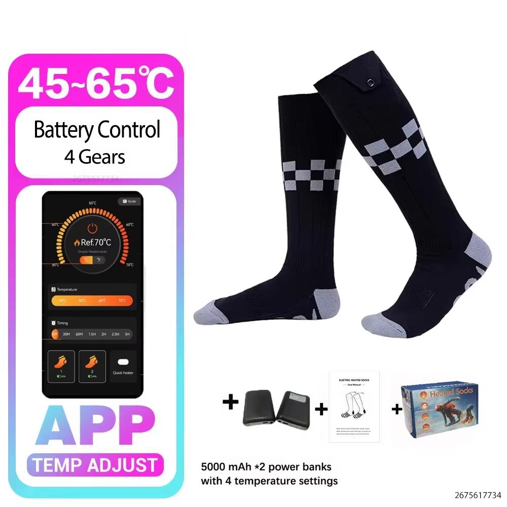 New APP Control Heated Socks 5000mah Battery Electric Heated Skiing Socks Winter Thermal Heated Foot Warmer Sport Socks C1-GZ-Black-5000mah