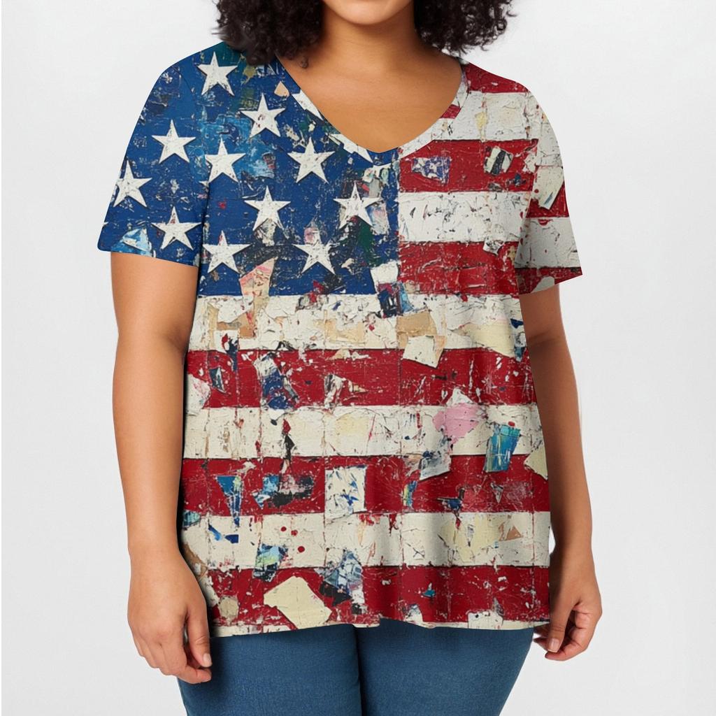 Damenmode Lässig V-Ausschnitt Pullover Kurzarm Übergröße Unabhängigkeitstag Bedrucktes T-Shirt Top