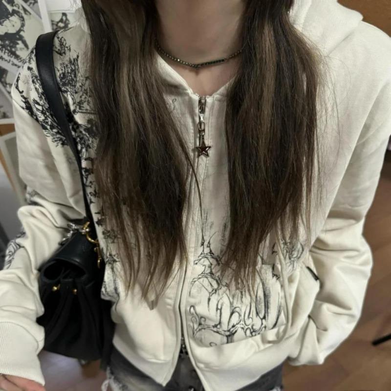 2KWEIRD Podzimní Y2k Estetické Zkrácené Mikiny Dámské Ležérní Potisk Dvojité Zipy Harajuku Punk Mikina Gotické Vílí Grunge Bundy