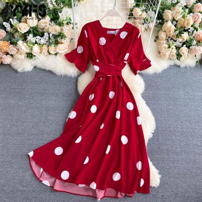 Women's Fashion Summer Spring Polka Dot Print Short Sleeve V-Neck High Waist Casual Dresses