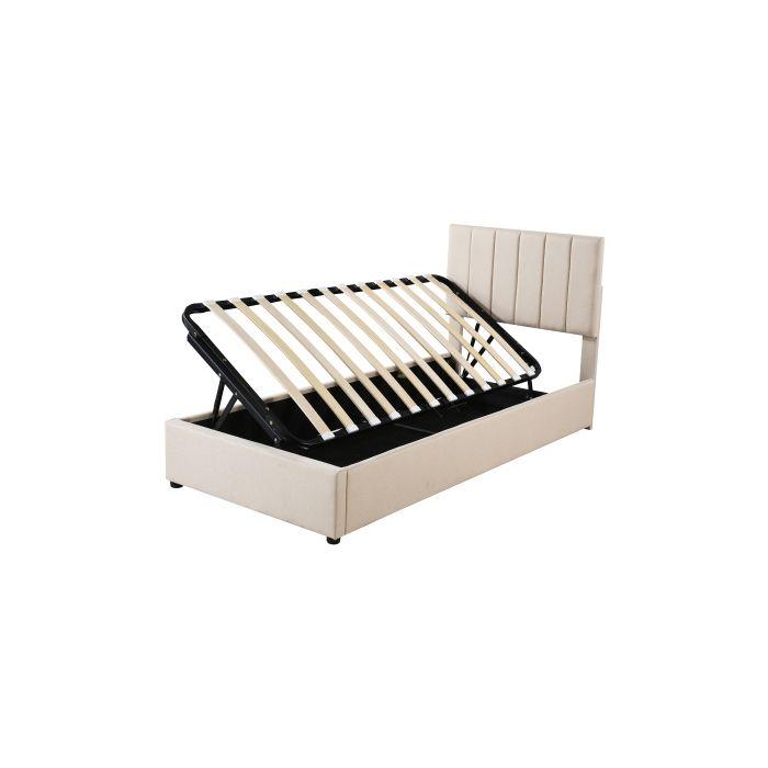 Letto per bambini - MUVOE - 90x200 cm - Beige - Contenitore idraulico - Tessuto in lino morbido