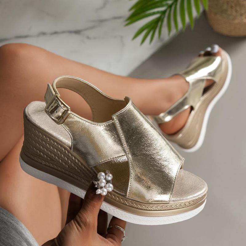 Fashion Silver Wedge Sandals Leather Summer Shoes High Heel Buckle Platform Sandals Woman Outdoor Thick Sole Women Sandals Peep Toe 2025