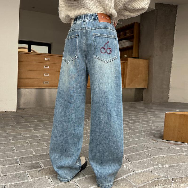 Kids Winter Thermal Patches Jeans Cherry Girls Loose Straight Insulated Denim Trousers Children Warm Fleece Pants