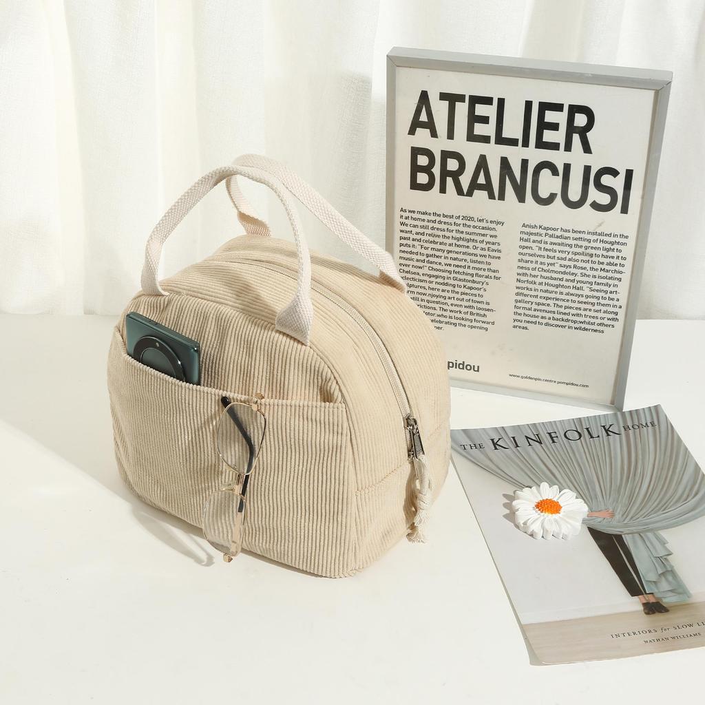 Corduroy Large-Capacity Insulated Lunch Bag for Women - Portable, Heat-Preserving Bento Tote