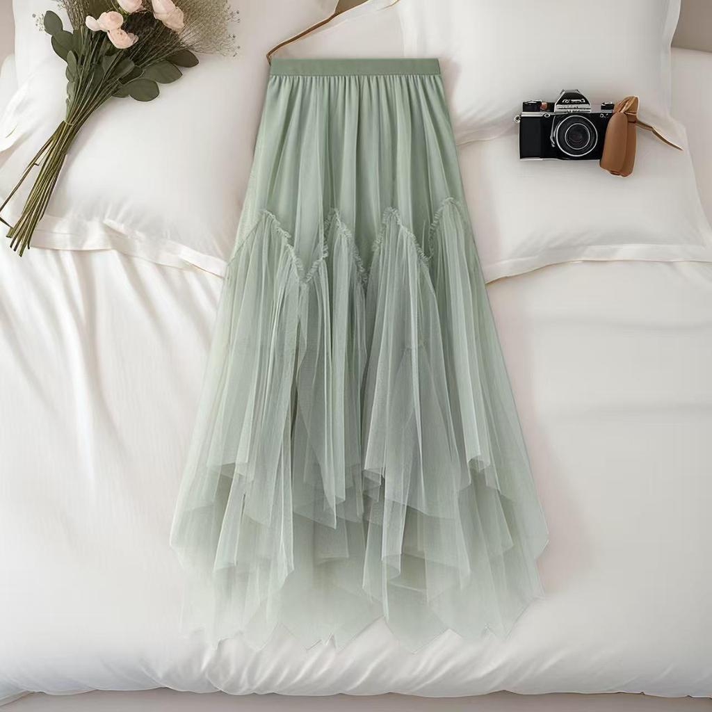 Women's High-Waisted A-Line Irregular Mesh Midi Skirt with Patchwork and Fluffy Hem for Spring/Summer
