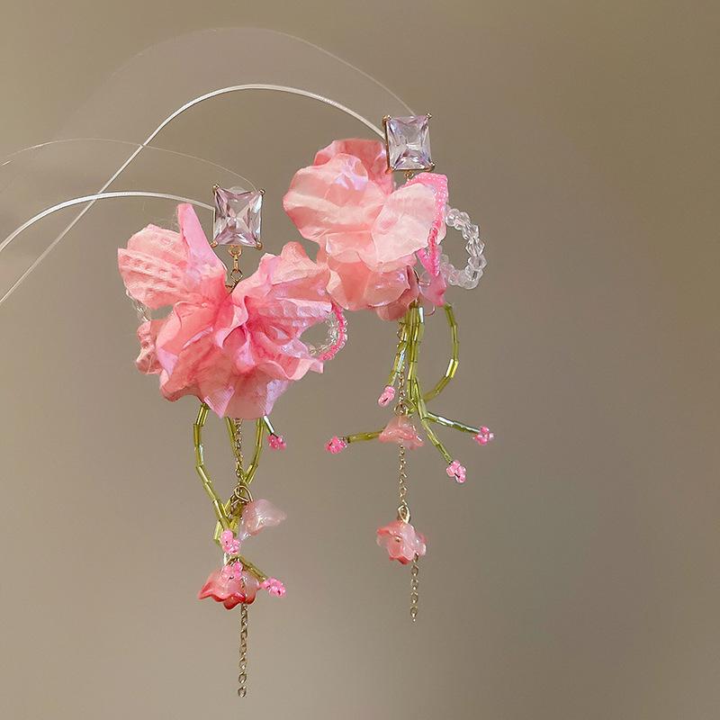 Pink Yarn Mesh Flowers Tassel Dangle Earrings for Women Sweet Girly Imitation Pearl Pendientes Fairy Lolita Party Ear Decoration