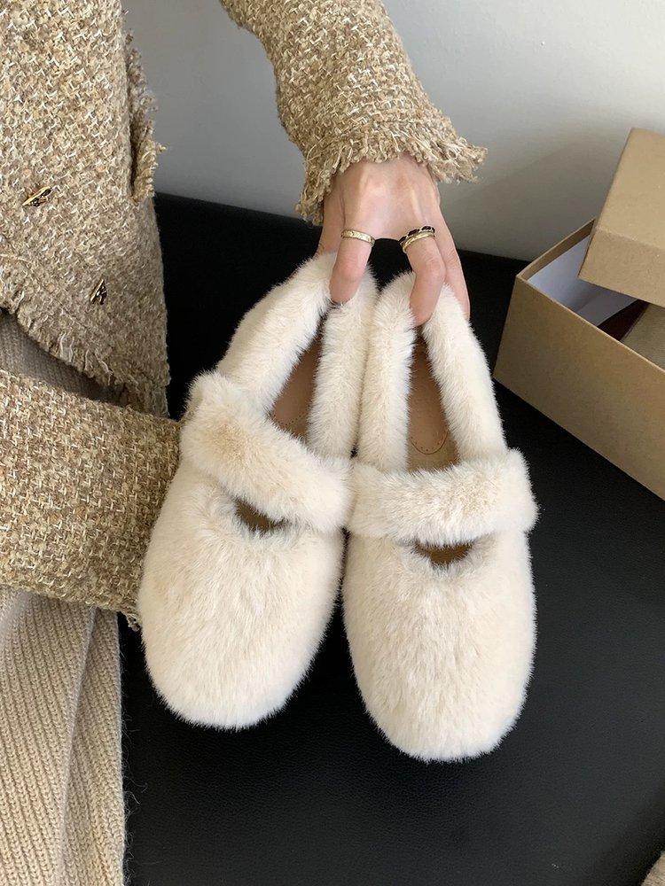 Inner Height Increase 5cm Plush Wool Shoes Women's 2025 Winter New One-word with Mink Thick-soled Versatile Casual Wool Cotton