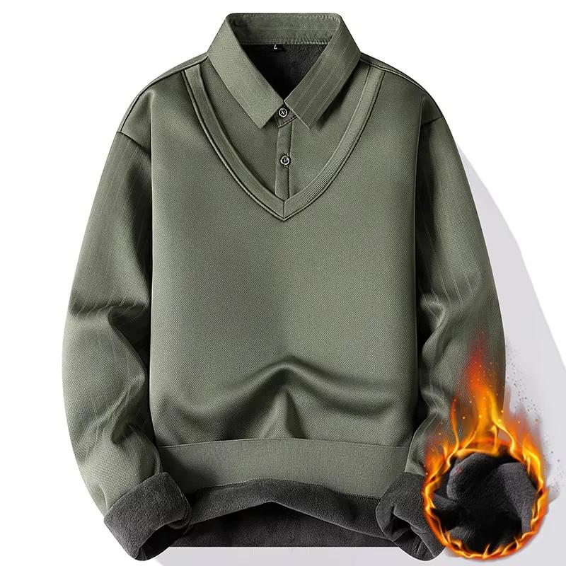Herren Fake Zweiteiliger Pullover Strickpullover 2025 Winter Warmes Oberteil Verdicktes Samt-Fleece gefüttertes Hemdkragen-Sweatshirt Herrenbekleidung