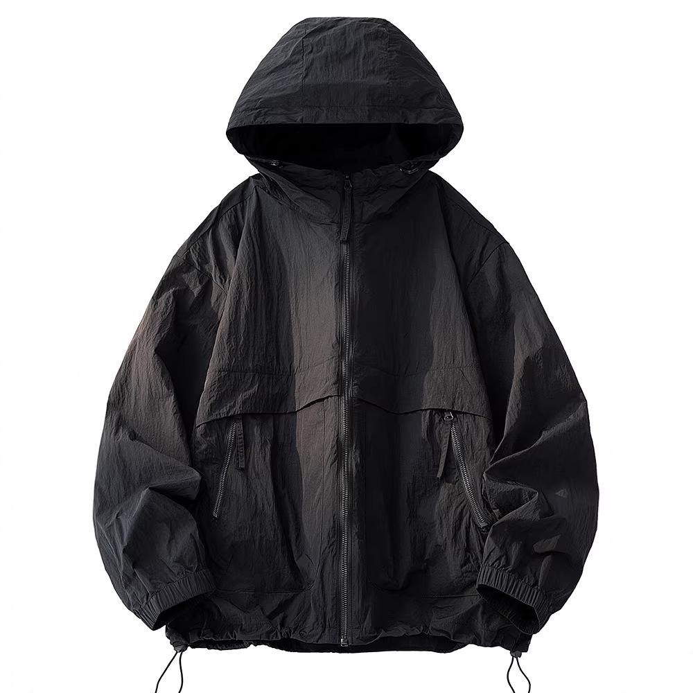 Herren Kapuzen-Sonnenschutzjacke Sommer Ultra Dünn Reißverschlusstasche Windjacke Elastische Bündchen Outdoor Wandern Angeln Hautschutzjacken