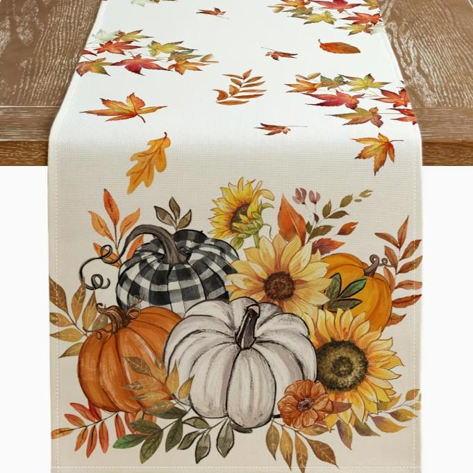 Autumn Leaves Pumpkin Table Runner: Linen Thanksgiving Decoration for Kitchen & Dining
