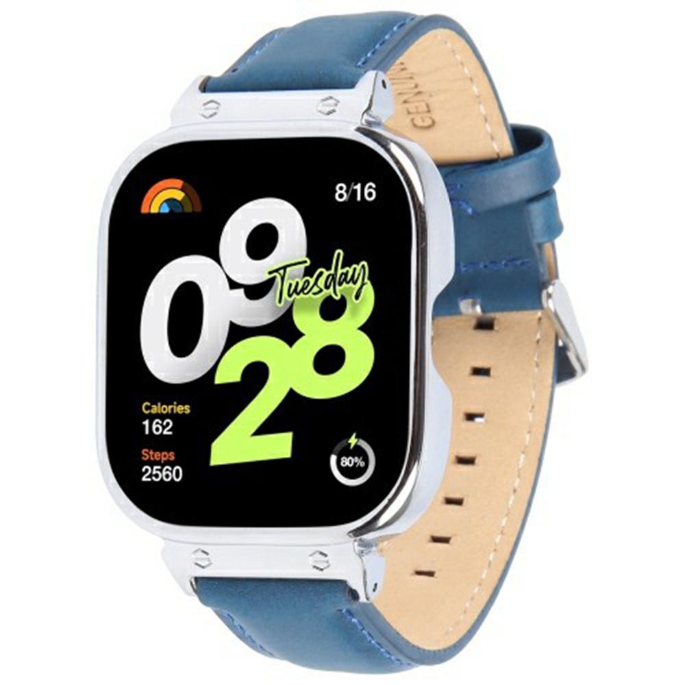 

For Xiaomi Redmi Watch 4 Genuine Cow Leather Replacement Strap with Silver Metal Watch Case F