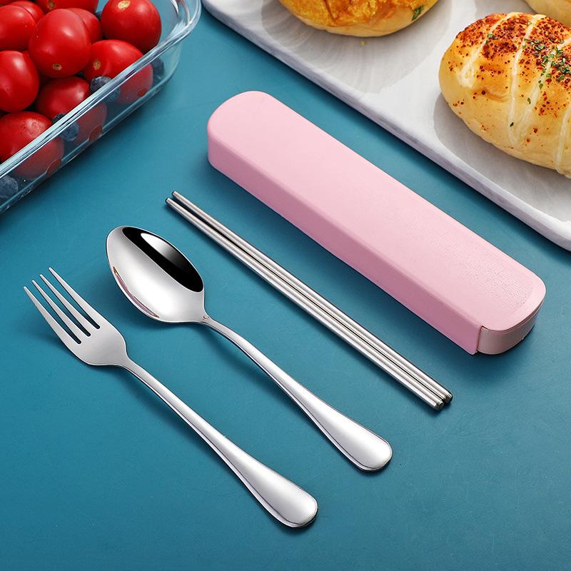 Stainless steel portable storage tableware set, chopsticks, spoons, student office workers with box, fork and spoon three-piece set