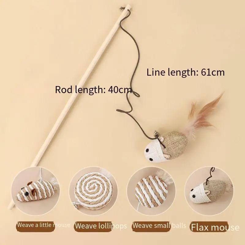 Interactive Cat Toys Set for Indoor Cats Wooden Wand with Bell Feather Sisal Mouse Balls Chew Rope Kitten Chase Exercise Play Pet Supplies