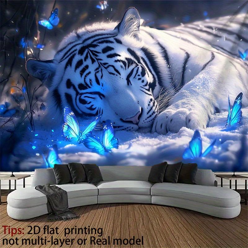 Fantasy White Tiger Tapestry Butterfly Wall Carpet Magic Sleeping White Tiger Snow Forest Room Decoration 100X70CM