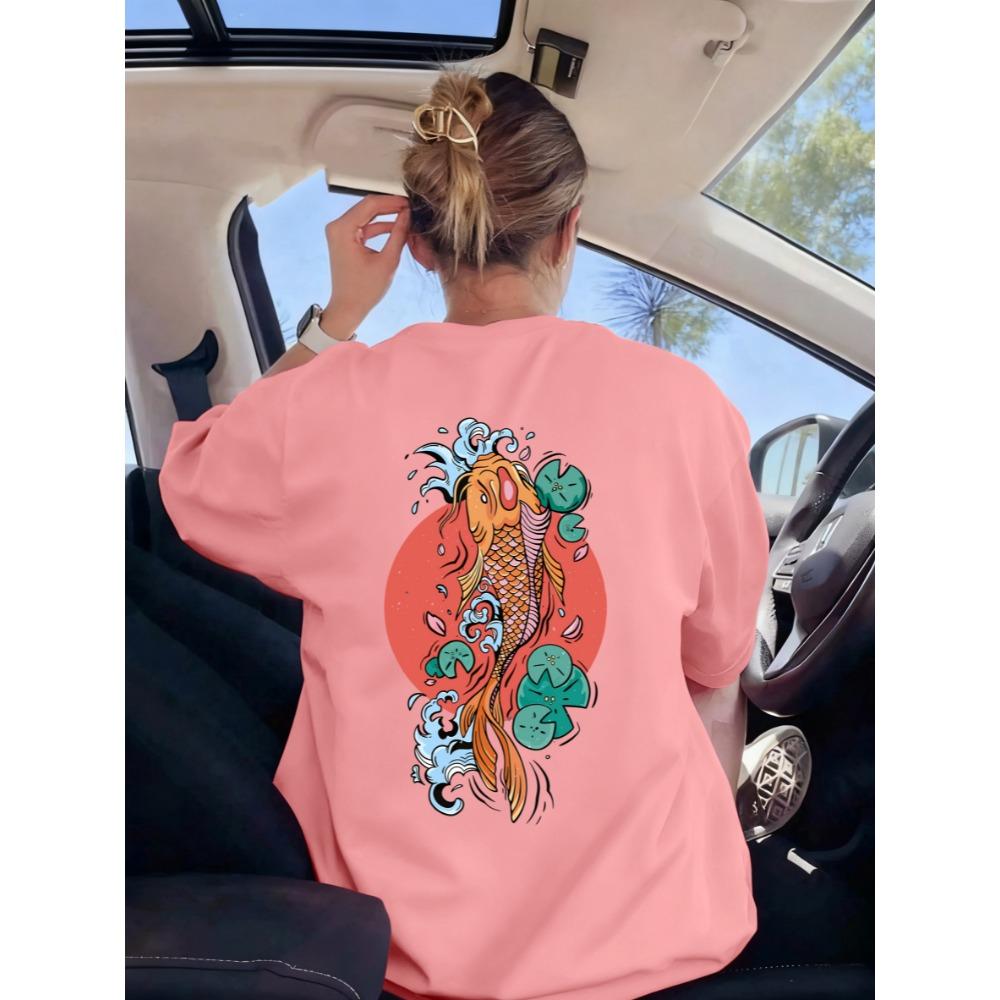 

Harajuku Japan Tokyo Koi Print T-Shirt Women Summer Breathable Short Sleeve Clothing Multicolor Crewneck Tee Shirt 3XL
