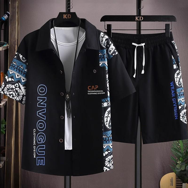 Fashion Men's Short-sleeved Shirt Suit Men's Summer Tide Design Sense Splicing Printing Casual Sports Shorts Two-piece Clothes