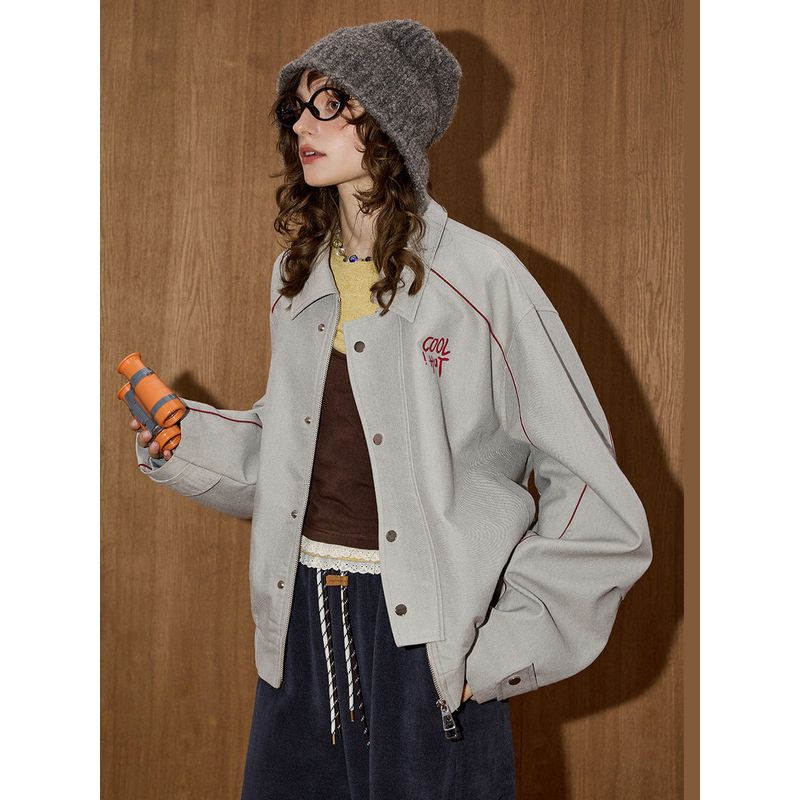 Coolhut2025 Autumn Women's Fashion Casual Versatile Loose Slimming Lapel Baseball Jacket Gray Button-Down