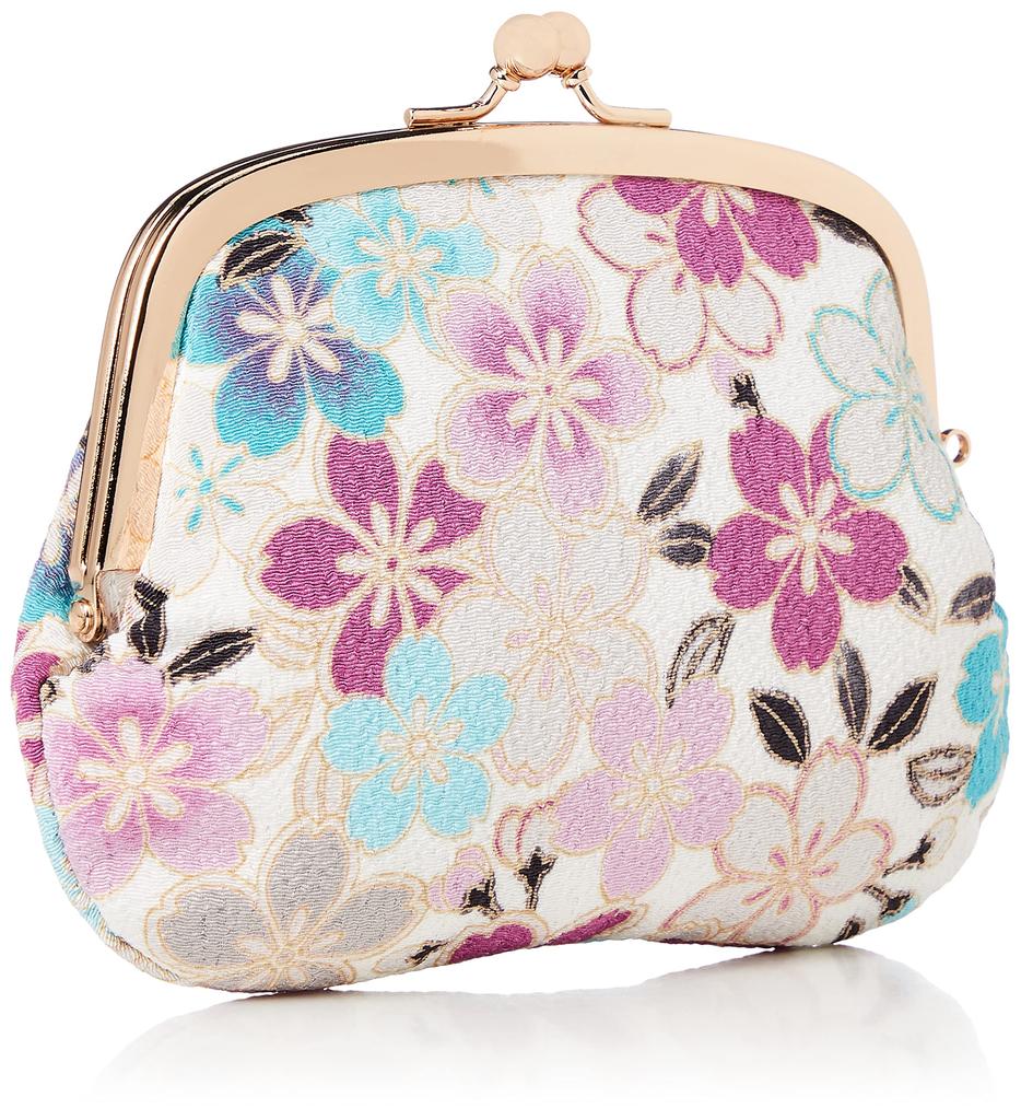 Uni Made in Futago Chirimen Japanese Pattern Clasp Wallet Blossom (N0207) Seni, Japan, Parent-Child [Cherry Design, White]