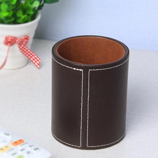Pen Container Large Capacity Wear Resistant Smooth Edge Simple Style Compact Size Save Space Faux Leather Round Pen Holder Desktop Stationery Storage