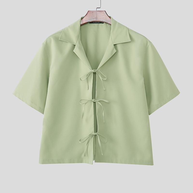

INCERUN Oversized Men Casual Lapel Neck Short Sleeve Bow Knot Solid Color Shirts Tops 5XL