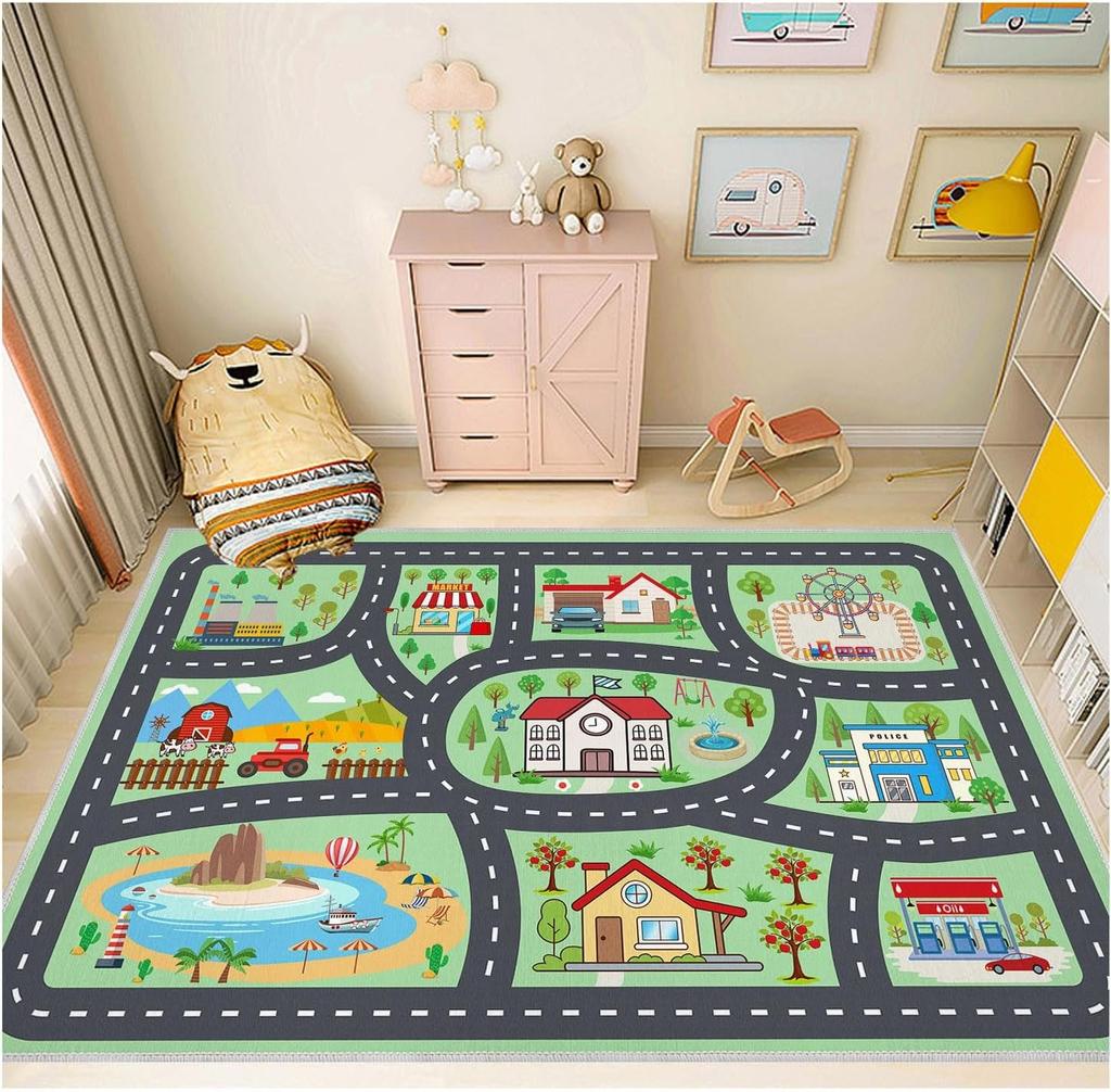 Kids City Road Play Rug Educational Traffic Map Carpet Multi-Scenes Game Mat Factory Farm Police Station Non-Slip Playroom Decor