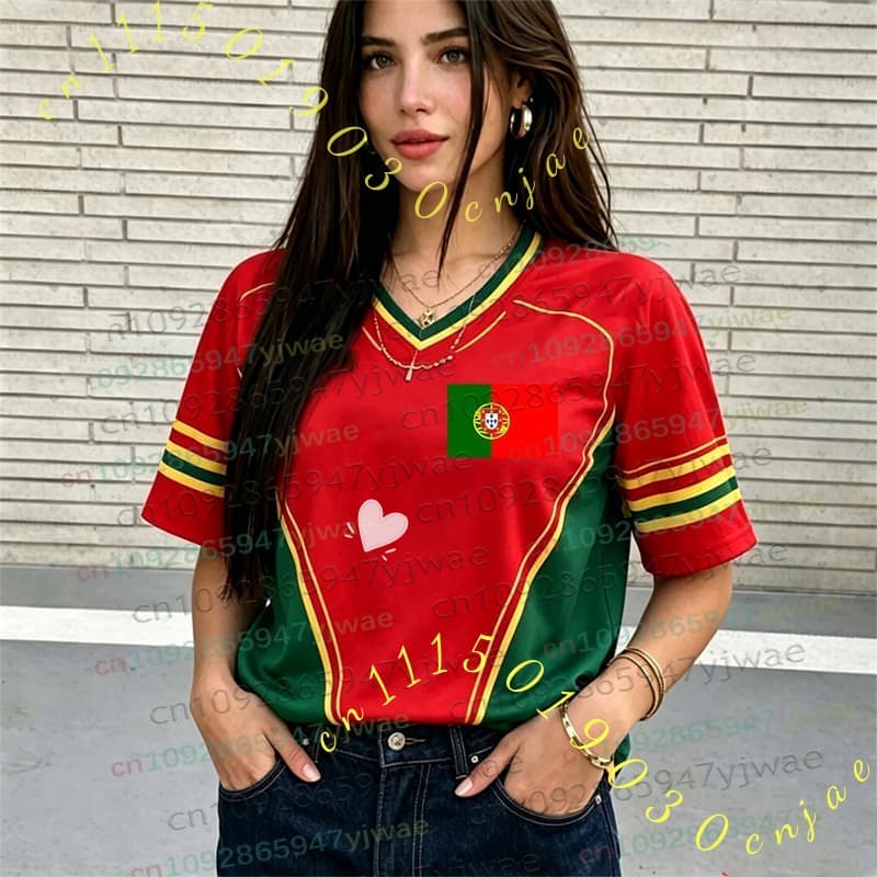 2026 Kadın Erkek Ponpon Kızlar PORTUGAL NO.7 Y2k Üstler Yaz Futbol Kısa Kollu Forma Günlük Tişörtler Hip Hop Kadın Erkek Giyim