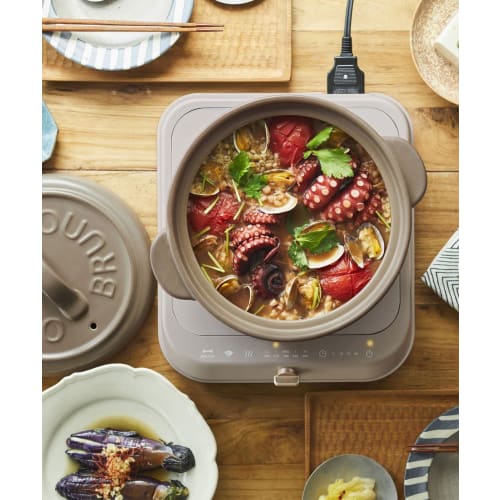 BRUNO Earthenware Pot, Size 8, for Rice Cooking, Induction Cooking, and Stewing, with Handle for Easy Cleaning and Two-Handled Operation, Greige, BHK2