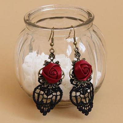 1 Pair Vintage Gothic Vampire Halloween Black Lace Red Flowers Dangle Earrings