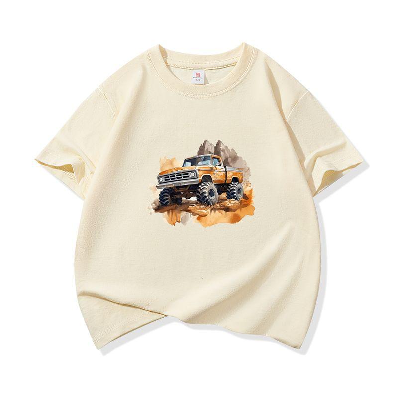Kids Cotton T Shirt Retro Watercolor Offroad Car Print Crew Neck Short Sleeve Tee Casual Breathable Boys Girls Summer Tops