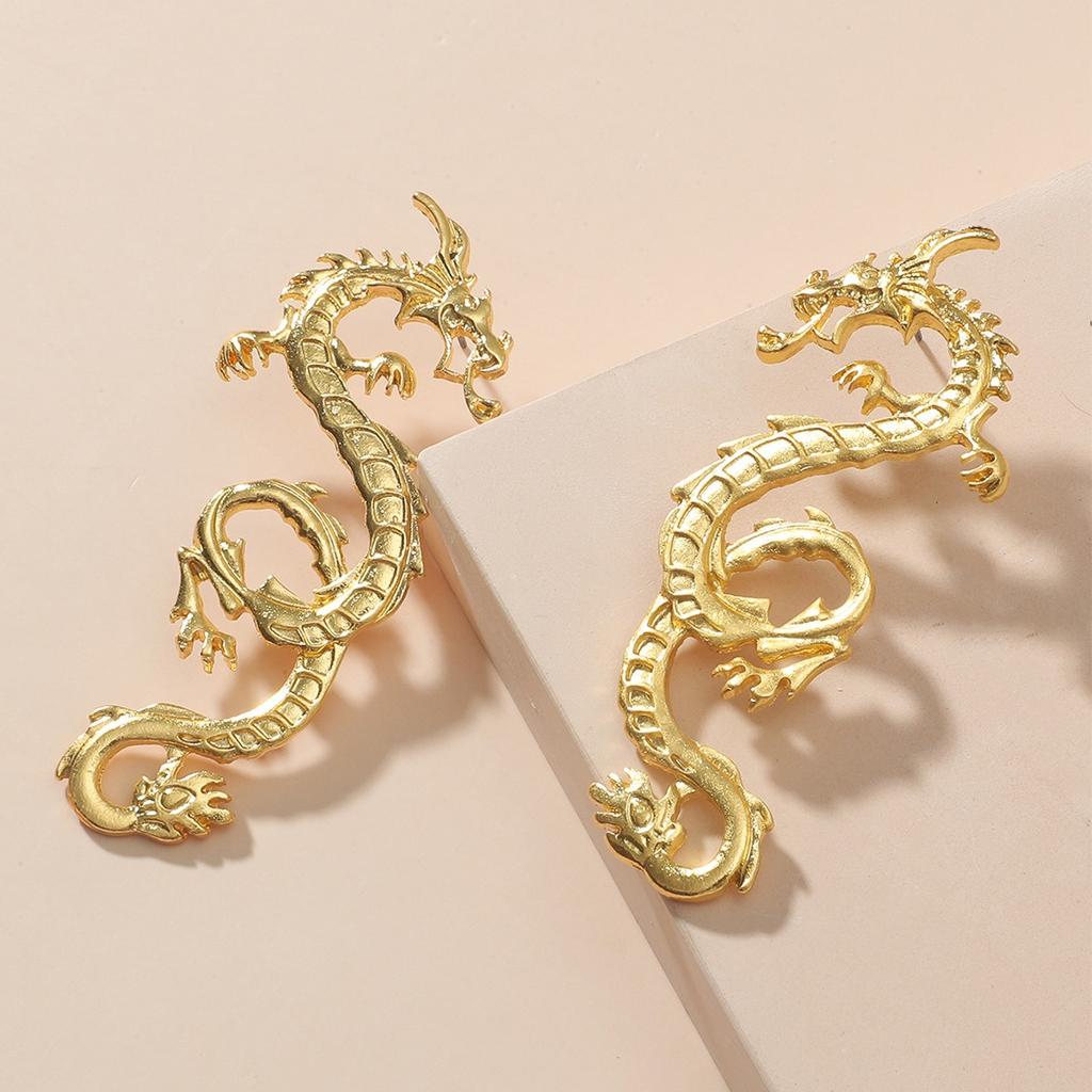Exaggerated Dragon Shaped Drop Earrings Gold Tone Statement Earrings for Women Bold Fashion Jewelry