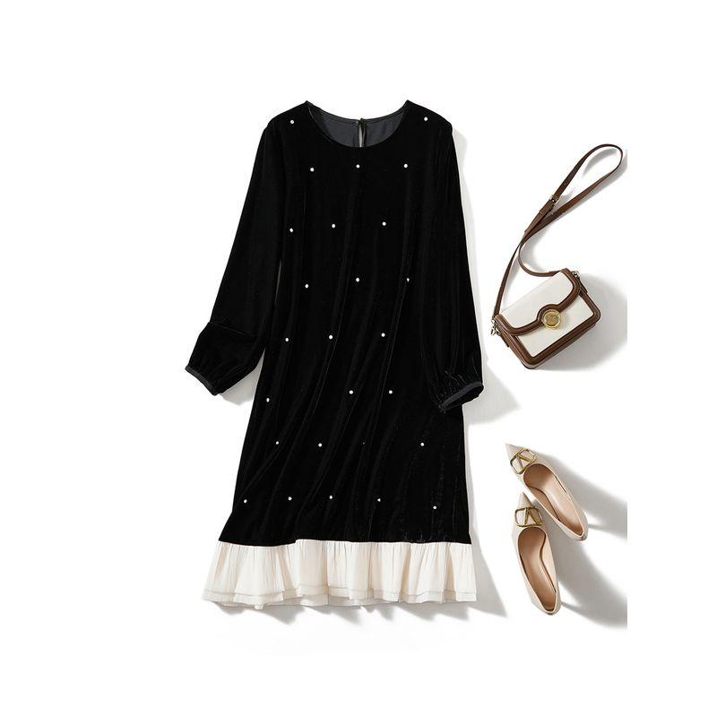 French Foreign Orders! Elegance Slow Life Women's round Neck Long Sleeves Ruched Fishtail Gold Velvet Beaded Dress over the Knee New