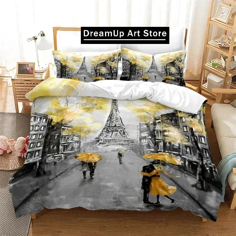 Eiffel Tower Duvet Cover Romantic Couple Flower King Comforter Cover Microfiber France Paris Cityscape Bedding Set For Girl Teen
