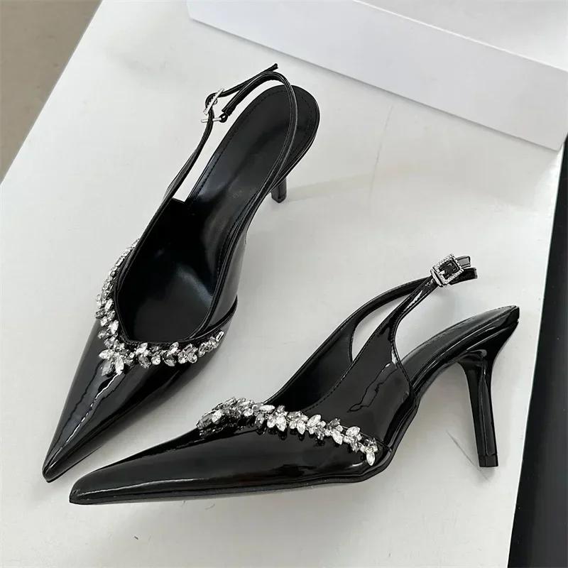 Fashion Rhinestone Buckle Strap Women Pumps Sexy Pointed Toe Patent Leather High Heels Fashion Slingbacks Heels Sandals Party Prom Shoes