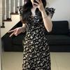 Coffee Break French Black Background White Flower Small Floral Dress Women's Summer Sleeveless Flying Sleeves Retro Style Waist Thin Long Dress