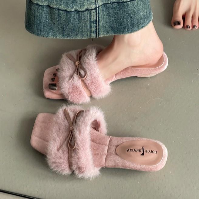 Autumn and winter fashion retro bow wedge heel fluffy slippers simple word casual outer wear women's cotton mop