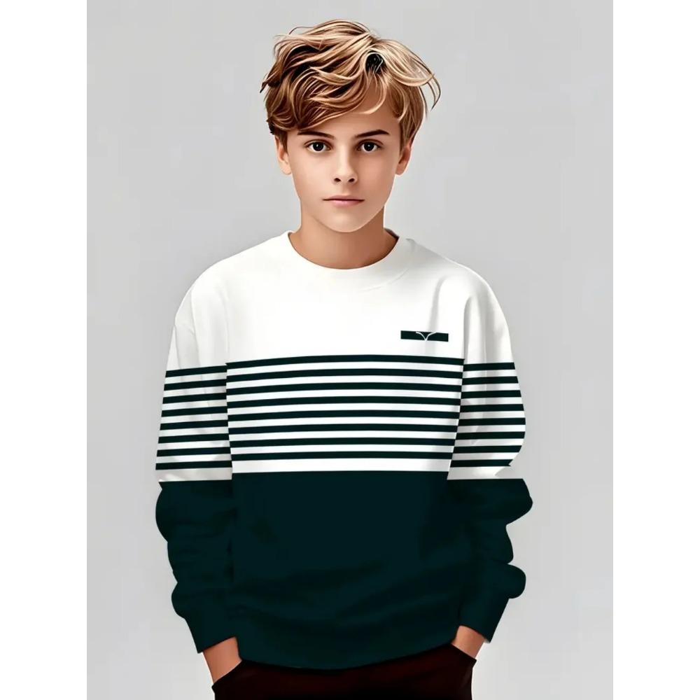Lente en Herfst Ronde Hals Gestreept Kleurblokkerend 3D Geprint Top Modieus Casual Klassiek Lange Mouw Kinder Jongens T-shirts