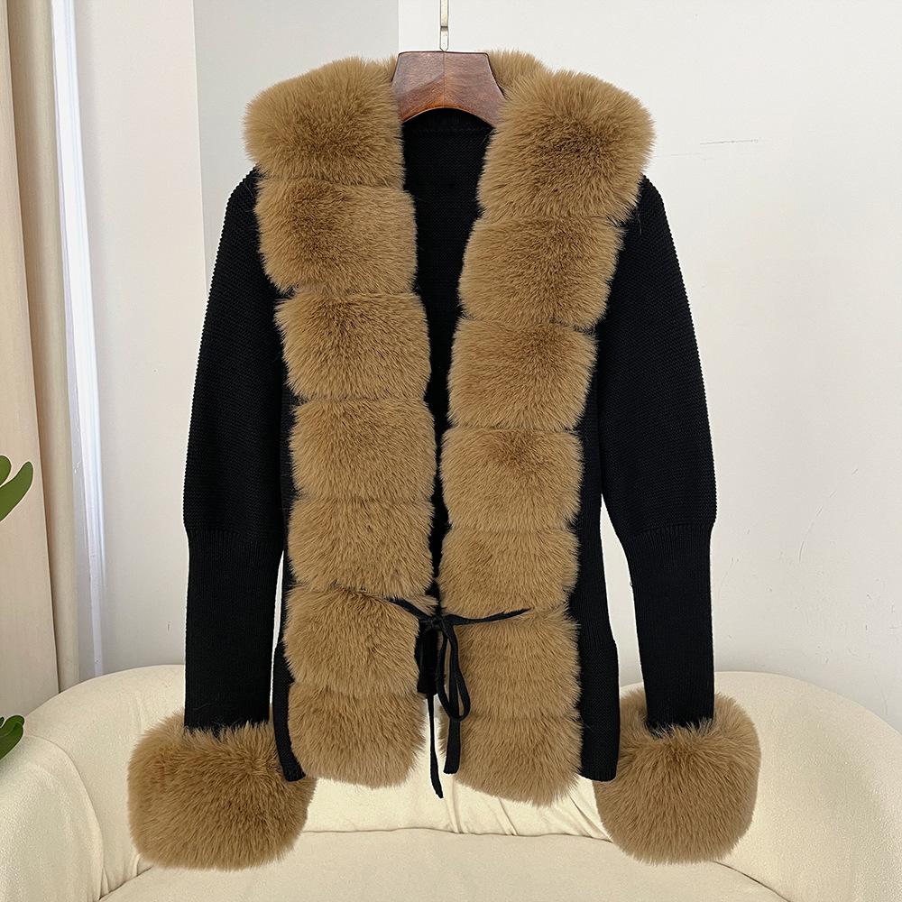 Autumn Winter Women's Fur Coat Patchwork Knitted Sweater Bandage Fur Cardigan Detachable Collar Jacket Faux Fur Coat